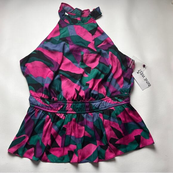 Nine West Women’s High Neck Floral Prism Elastic Waist Peplum Style Blouse Sz L - Picture 7 of 12